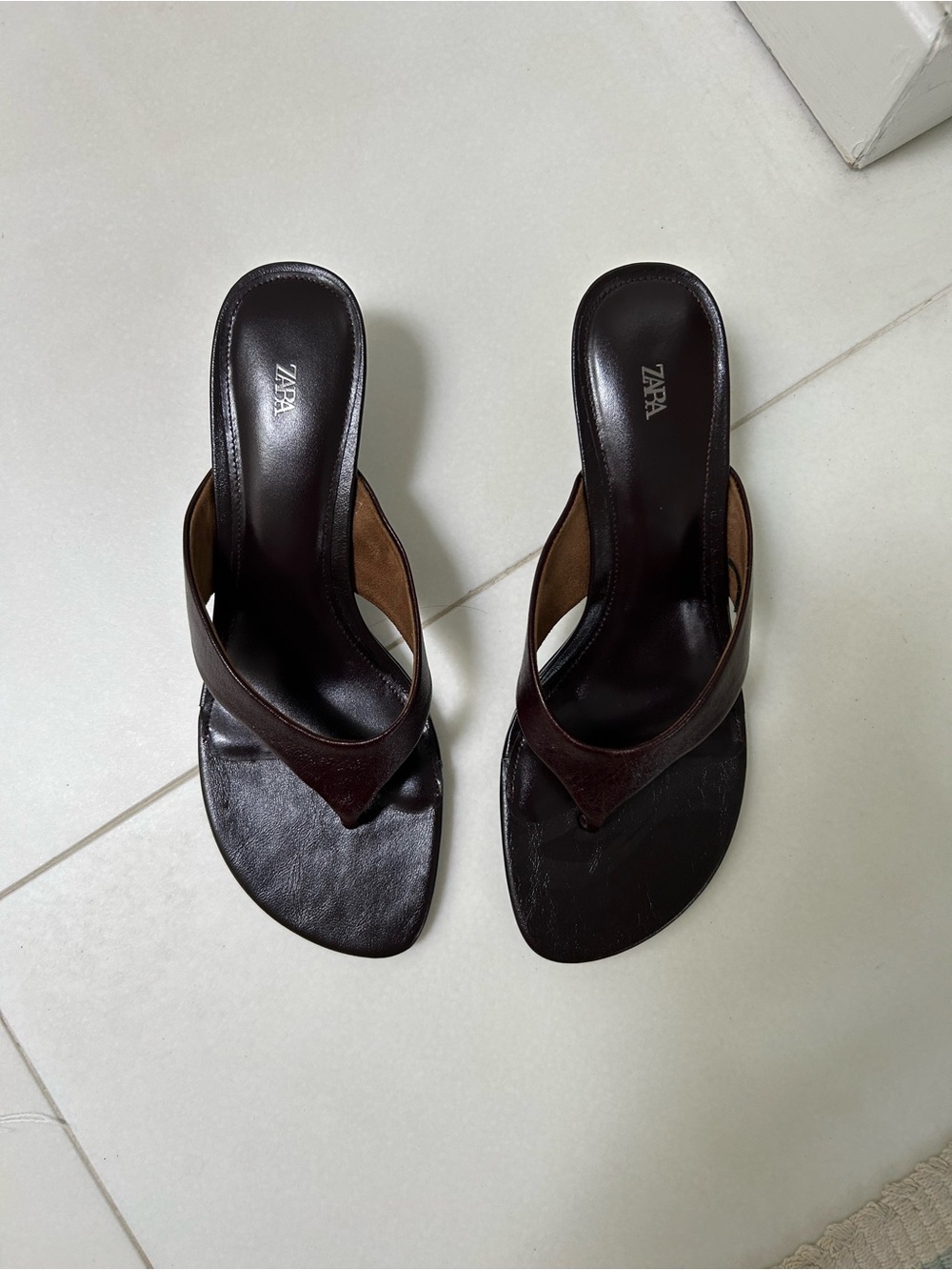 Zara Leather Kitten Heel Sandals in Chocolate - Picture 2 of 6